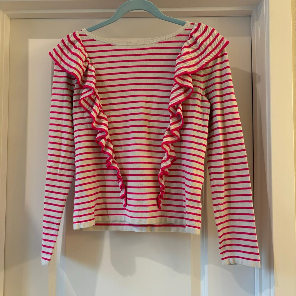 Lilly Pulitzer Ruth Ruffle Sweater Pink and White Preppy Size Small GUC
